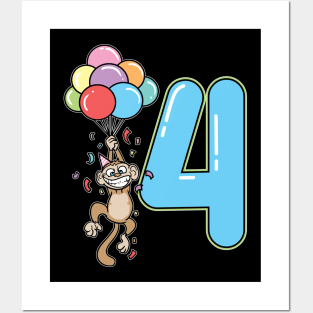 Fourth 4th Balloon Monkey Children's Birthday Posters and Art